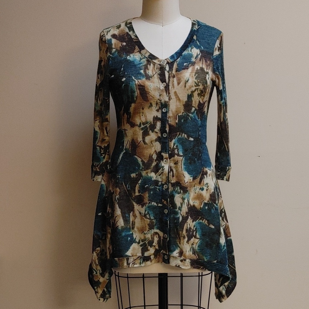 Mechant Cardigan Abstract Floral in Teal & Tan Size S